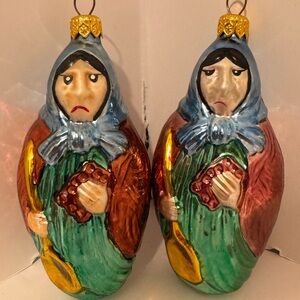 Vintage Babushka Lady Blown Glass Christmas Holiday Tree Ornaments Poland Set 2